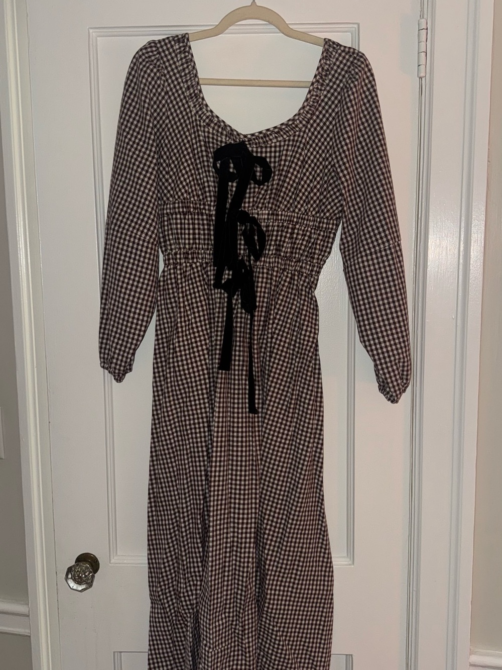Long Sleeve Brown Gingham Maxi Dress with Tie Front